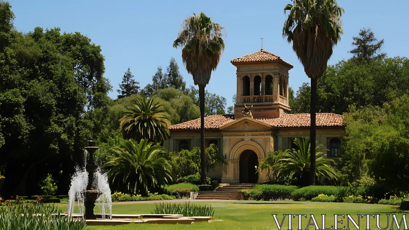 Mediterranean revival villa with axial fountain and palm allée.