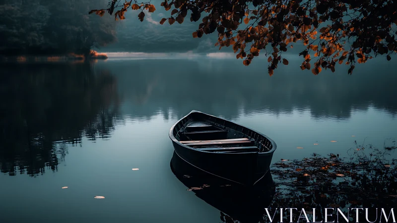 Solitary midnight rowboat cradled by ember-tipped leaves.