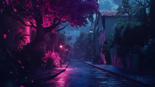 Tree-lined wet street is illuminated by magenta and blue lights