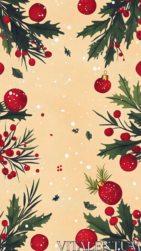 Christmas baubles and holly branches on beige background.