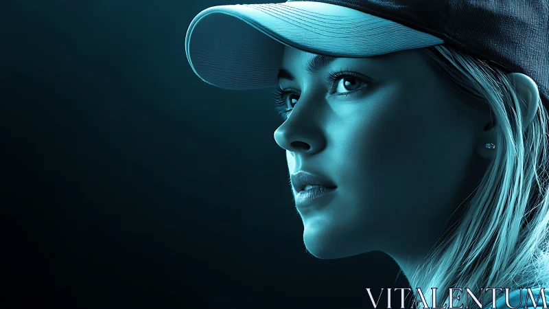 Side-lit woman in cap gazes ahead in cool cyan light.