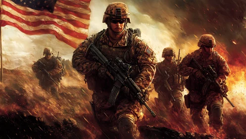 Soldiers advance through burning battlefield under flag