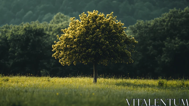 Solitary flowering tree rendered in high-contrast telephoto light