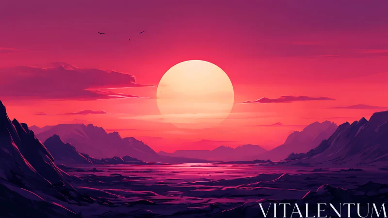 Vast alien canyon glows under oversized crimson sun