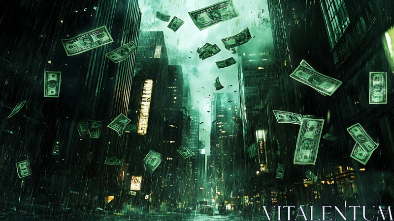 Dollar storms tumble through neon canyons of a drenched city