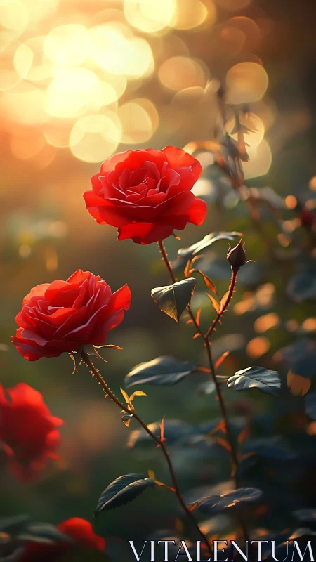 Crimson Roses Bask in Golden Sunset Brilliance.