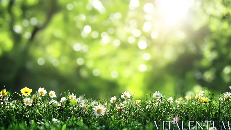 Spring meadow daisies glow under soft backlit bokeh sun.