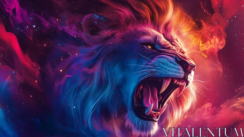 Cosmic neon lion portrait roaring in chromatic nebula.