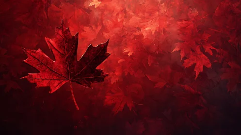 Glowing red maple leaf resting in a sea of autumn warmth.