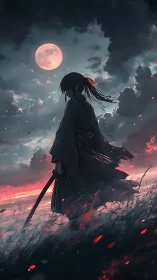 Lone moonlit swordsman wandering through a quiet crimson dusk.