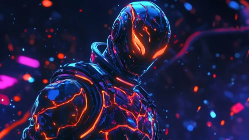 Neon-lit cyber guardian glowing in a storm of digital sparks.