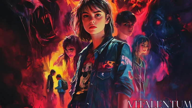 Teen horror quartet facing spectral demon entities in neon fire