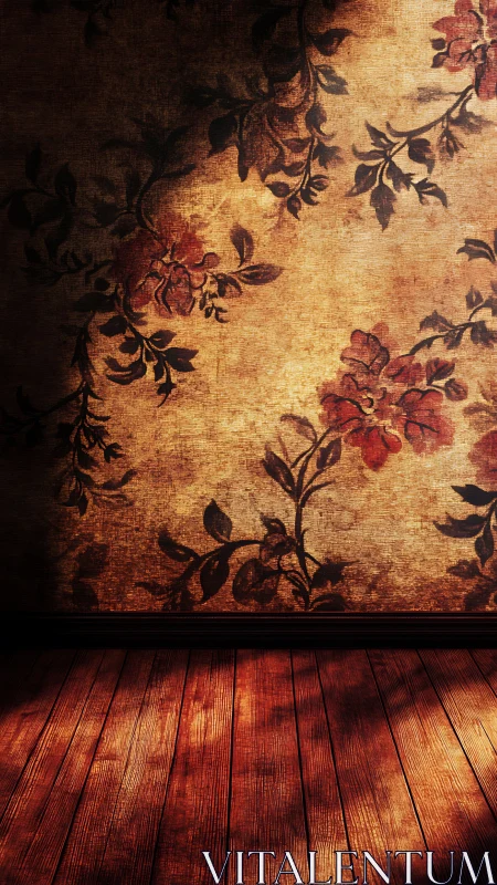 Vintage floral wall and wood floor in dramatic light.