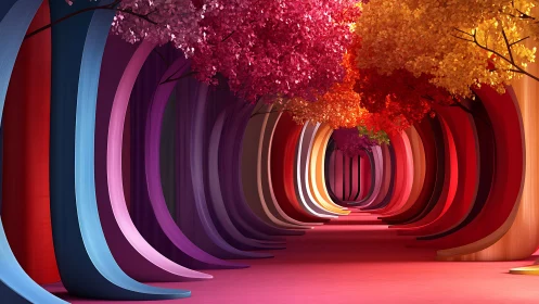 Curved corridor with stylized multicolored trees in rows.