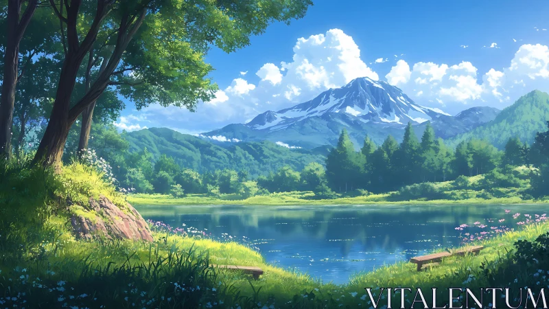 Mountain lake reflects bright summer sky and distant peak