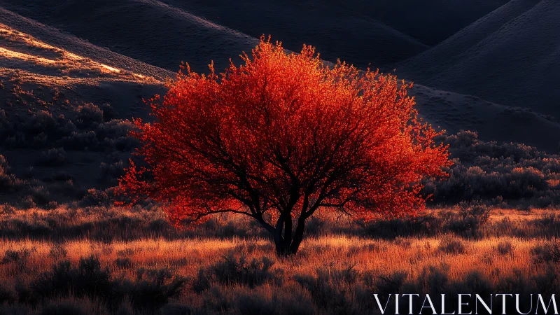 Lone crimson tree glows against deep shadowed hills at dusk.