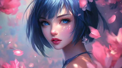 Blue haired blossom muse amid swirling sakura daydream.