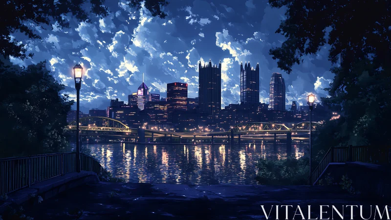 Nocturnal riverside skyline rendered in luminous anime detail