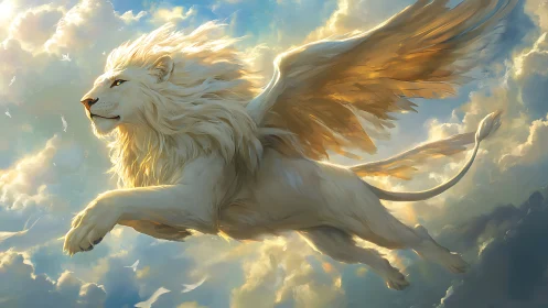Winged white lion soars through radiant stormlit sky