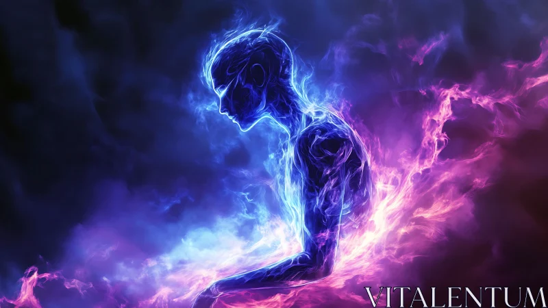 Luminous humanoid silhouette formed from blue and violet flames