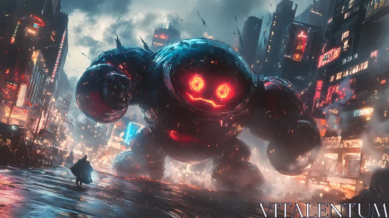 Giant red eyed robot advances through dense neon city streets
