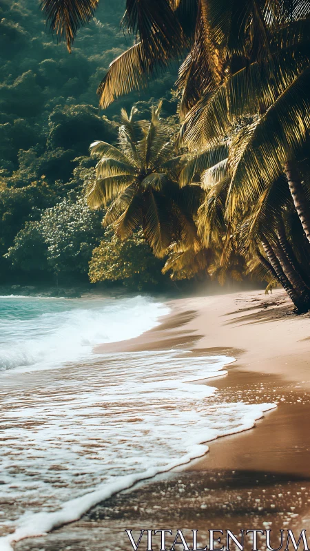 Tropical beach shoreline with palm trees and turquoise water.