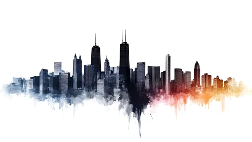 Urban skyline silhouette with gradient watercolor overlay.