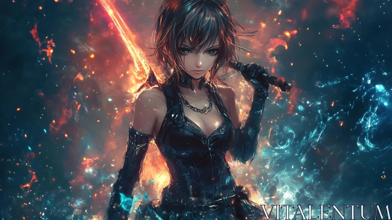Female figure in black attire amid dual fire and water field.