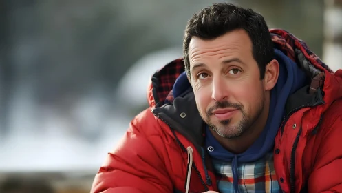 Winter jacket philosopher pauses between thoughts and snowfall