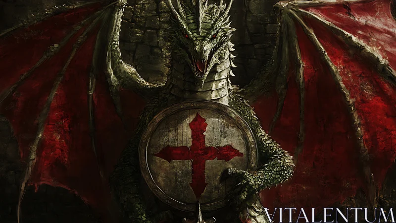 Armored dragon stands guard with crimson crusader shield.