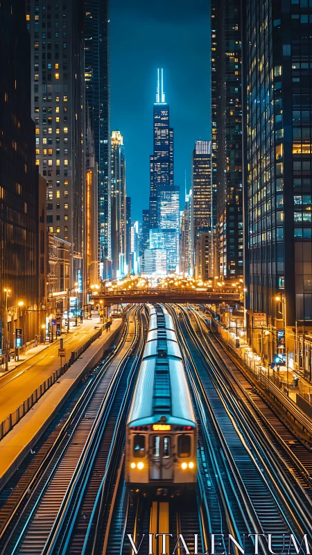 Night city train gliding through glowing downtown tracks.