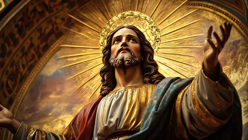 Radiant sacred statue reaches upward beneath golden halo