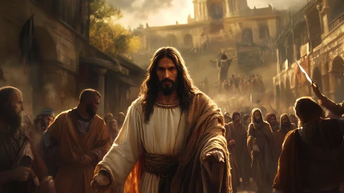 Processional messianic figure in high-dynamic-range cityscape.