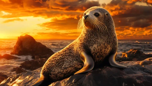 Seal pup rests on rocky shore under blazing sunset sky.