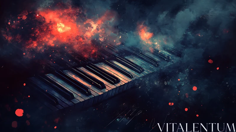 Digital painting of burning piano keys in atmospheric chiaroscuro.