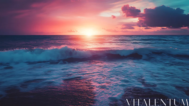 Ocean horizon with waves under vivid sunset sky view.