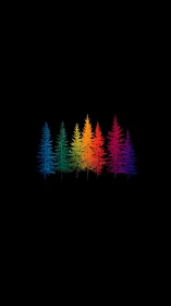 Rainbow forest silhouettes glow softly against deep night
