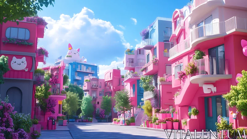 Whimsical Pink Urban Street with Anime-Inspired Architecture.