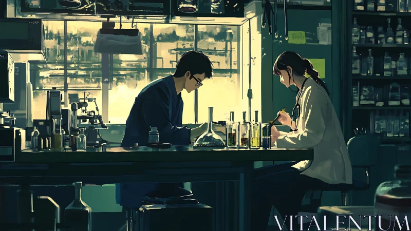 Researchers working in sunlit laboratory with glassware.