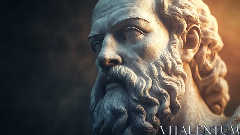 Weathered marble philosopher bust under warm studio glow.