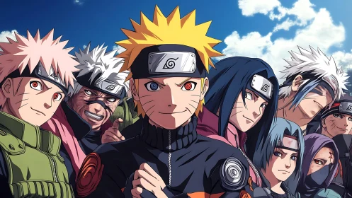 Bright ninja squad stands united under a bold blue sky