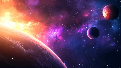 Luminous alien sunrise ignites distant planets and nebulae