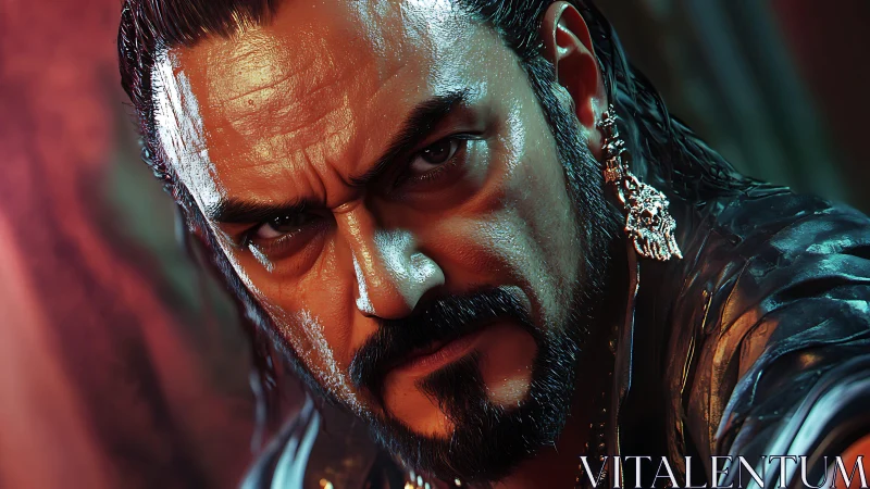 Storm-lit rebel with piercing gaze and silver skull charm.