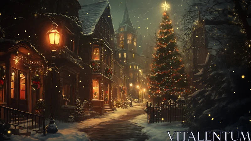 Snowlit town square wrapped in golden Christmas hush.