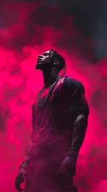 Lone figure ascends in neon magenta smoke and dramatic light