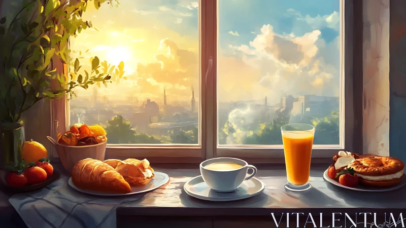 Sunlit breakfast still life against atmospheric city sunrise