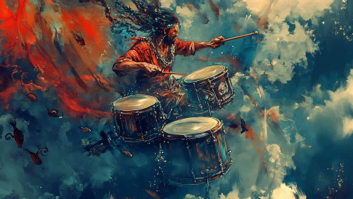Dynamic drummer suspended in abstract storm of color and motion