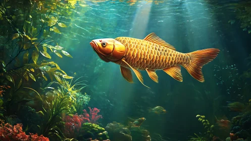 Golden koi swims through sunlit underwater garden scene.