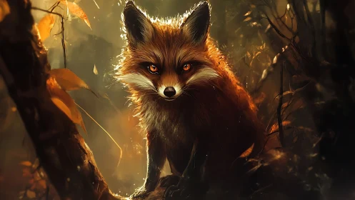 Ember-eyed fox poised in glowing autumn forest shadows.