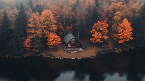 Cabin beside misty autumn lake amid dense orange forest.
